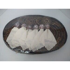 NWOT Set 6 VTG Straw Wicker Rattan Oval Placemat Shell Rings Napkins Coasters